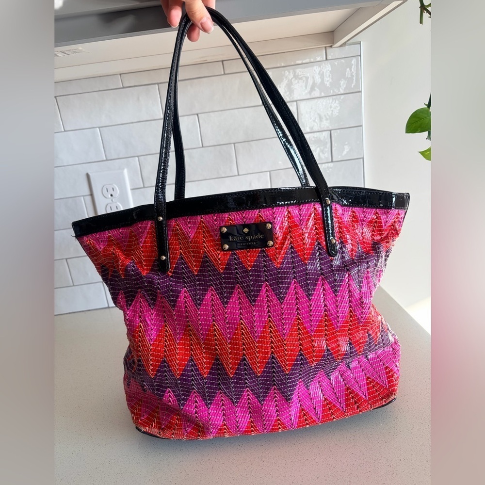 Kate Spade BEVERLY BREEZE MULTI PINK WOVEN Tote Purse Bag EUC Patent Leather